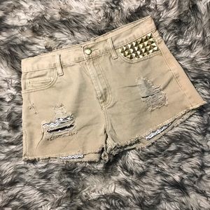 Tan Distressed Denim Shorts